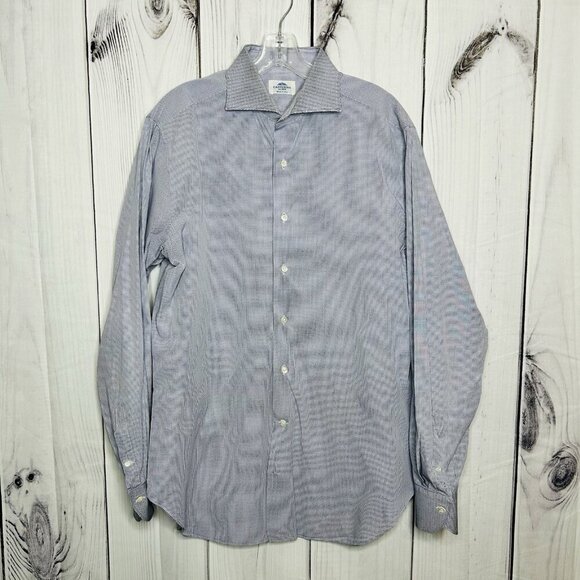 Castangia Shirt Men's 16 / 41 Blue White Micro Check Button Up Dress Italy - Picture 1 of 8